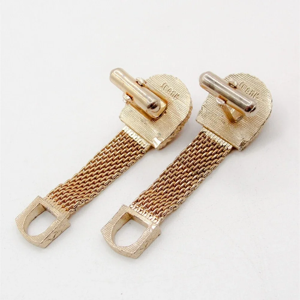 Vintage Swank Rose Red Moonglow Cabochon Gold Tone Mesh Wrap Around Cufflinks